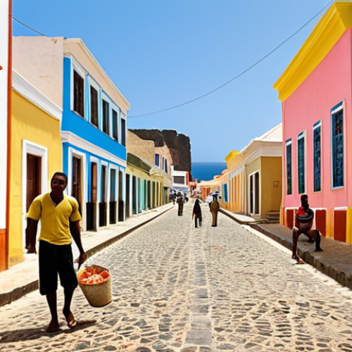 Home 4 **A vibrant street scene in Cape Verde:** Colorful colonial houses line a cobblestone street, with locals smiling and chatting. A fisherman walks by carrying his catch, and the air is filled with the sound of Morna music. Focus on capturing the "Morabeza" feeling of hospitality and "no stress."