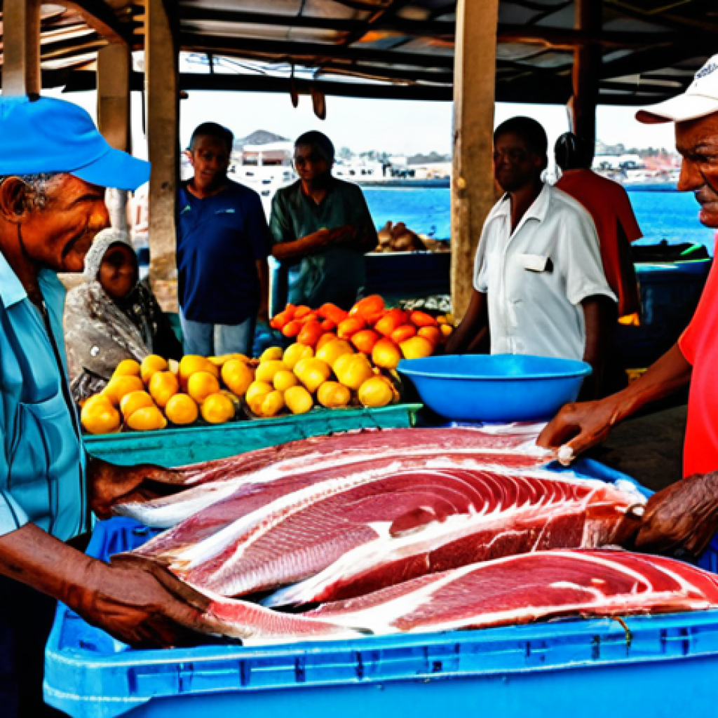 카보베르데 그릴드 참치 - Mindelo Fish Market**

"A bustling fish market in Mindelo, Cape Verde. An elderly fisherman with sun...