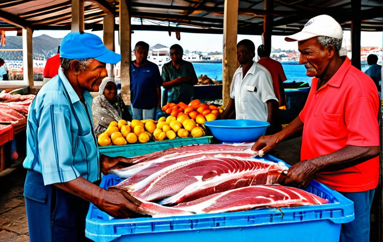 카보베르데 그릴드 참치 - Mindelo Fish Market**
"A bustling fish market in Mindelo, Cape Verde. An elderly fisherman with sun...