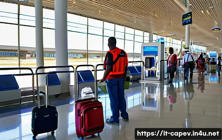 카보베르데 가는 방법 - A vibrant airport scene at Amílcar Cabral International Airport in Sal, Cape Verde, showcasing passe...