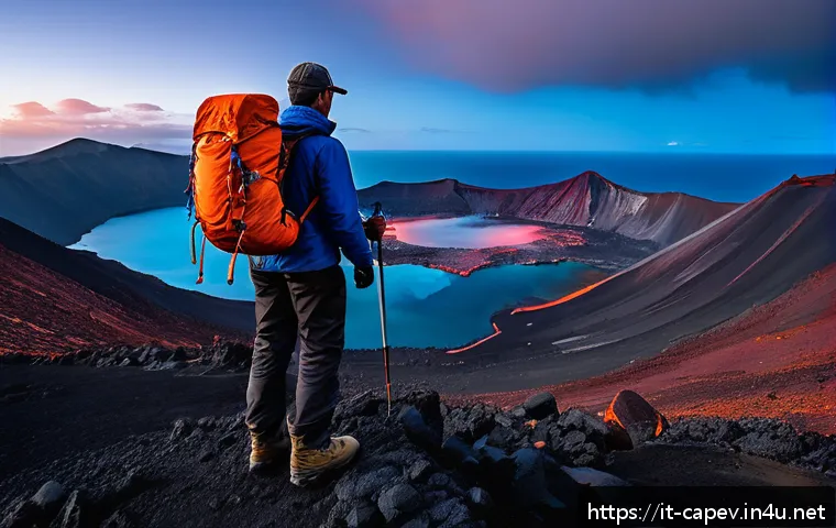 카보베르데 포고 화산 탐험 - A breathtaking panoramic view from the summit of the active Fogo volcano at sunset, showcasing the g...