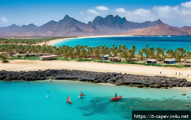 카보베르데 우기와 건기 - A panoramic view of Cape Verde’s arid tropical landscape during the dry season, featuring golden san...