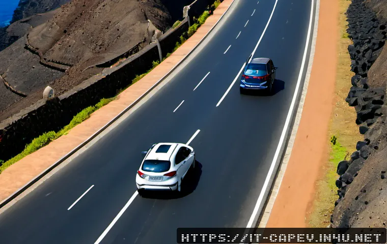 카보베르데 도로 교통법 - Photorealistic wide-angle scene of a well-maintained coastal road in Cabo Verde, a compact rental ca...