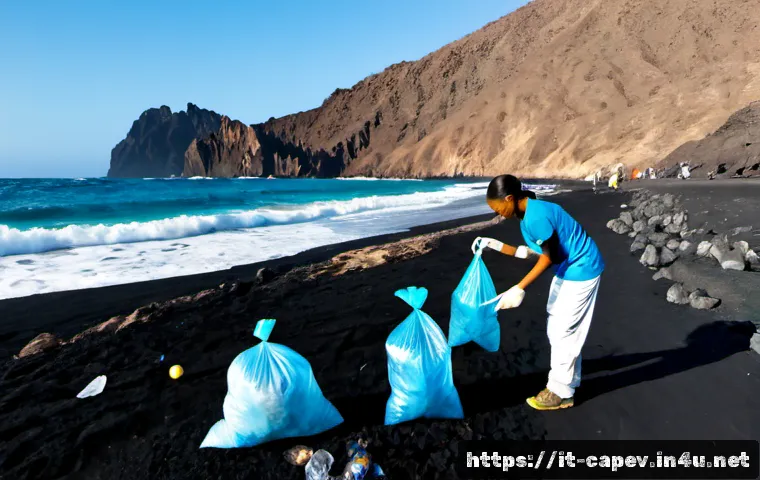 카보베르데 환경 문제 - Photorealistic coastal cleanup scene on a volcanic black-sand beach in Cabo Verde, local volunteers ...
