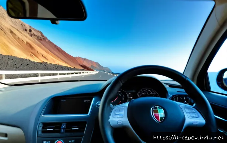카보베르데 렌터카 주행법 - Photorealistic wide-angle view from inside a modern rental car driving on the right side of a smooth...