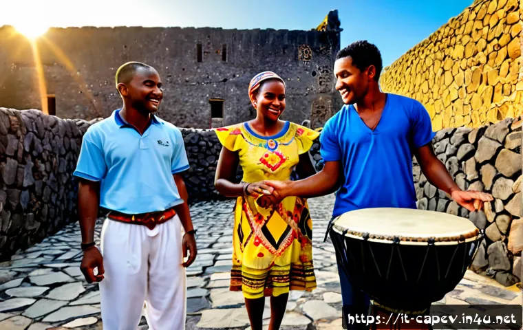 카보베르데 전통문화 체험 - Photorealistic cultural experience in a Cape Verde village courtyard, local musicians playing hand d...