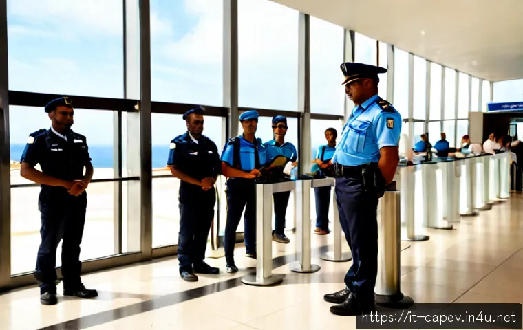 카보베르데 입국 절차 - Photorealistic airport immigration scene in Praia, Cape Verde, Italian travelers calmly presenting p...