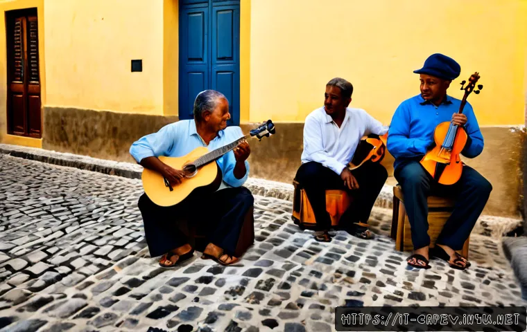 카보베르데 크레올 문화 - Photorealistic Cape Verdean Creole cultural scene in a sunlit cobblestone courtyard of Mindelo, São ...