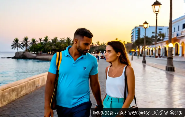 Home 17 카보베르데 범죄율 및 위험지역 - Photorealistic travel safety scene in Praia, Cabo Verde: a cautious Italian couple walking along a c...